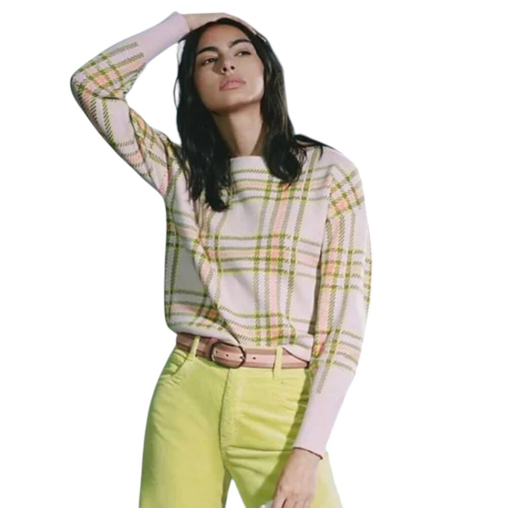 Anthropologie Maeve Pink Plaid Boat Neck Sweater